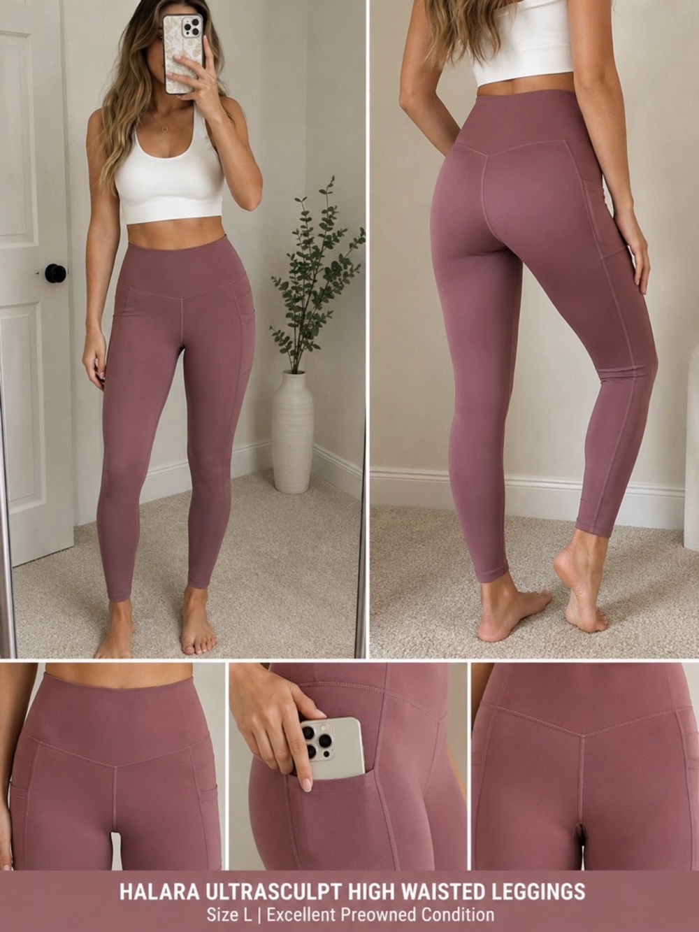 Halara UltraSculpt High Waisted Tummy Control Pocket Leggings Mauve Pink Size S
